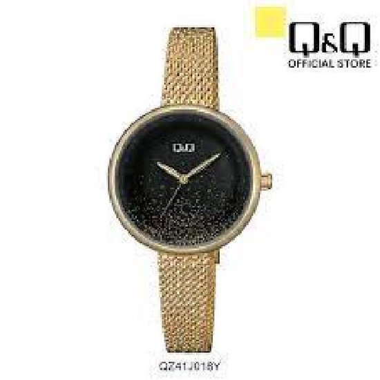 Q&amp;Q QZ41J018Y - Horloge - Analoog - Dames - Vrouwen - Mesh/Stalen band - Rond - Metaal - Goudkleurig - Zwart - 3 ATM