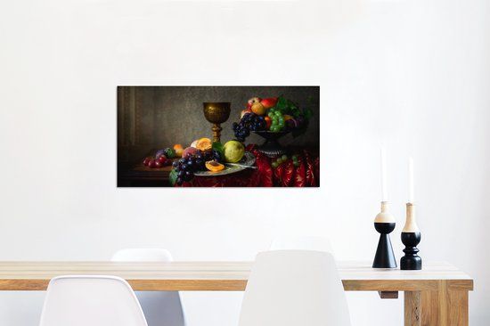 MuchoWow Aluminium Schilderij Industrieel - Rustiek - Tafel - Fruit - Stilleven - Beker - 80x40 cm - Dibond - Foto op aluminium - Industriële muurdecoratie - Voor de woonkamer/slaapkamer