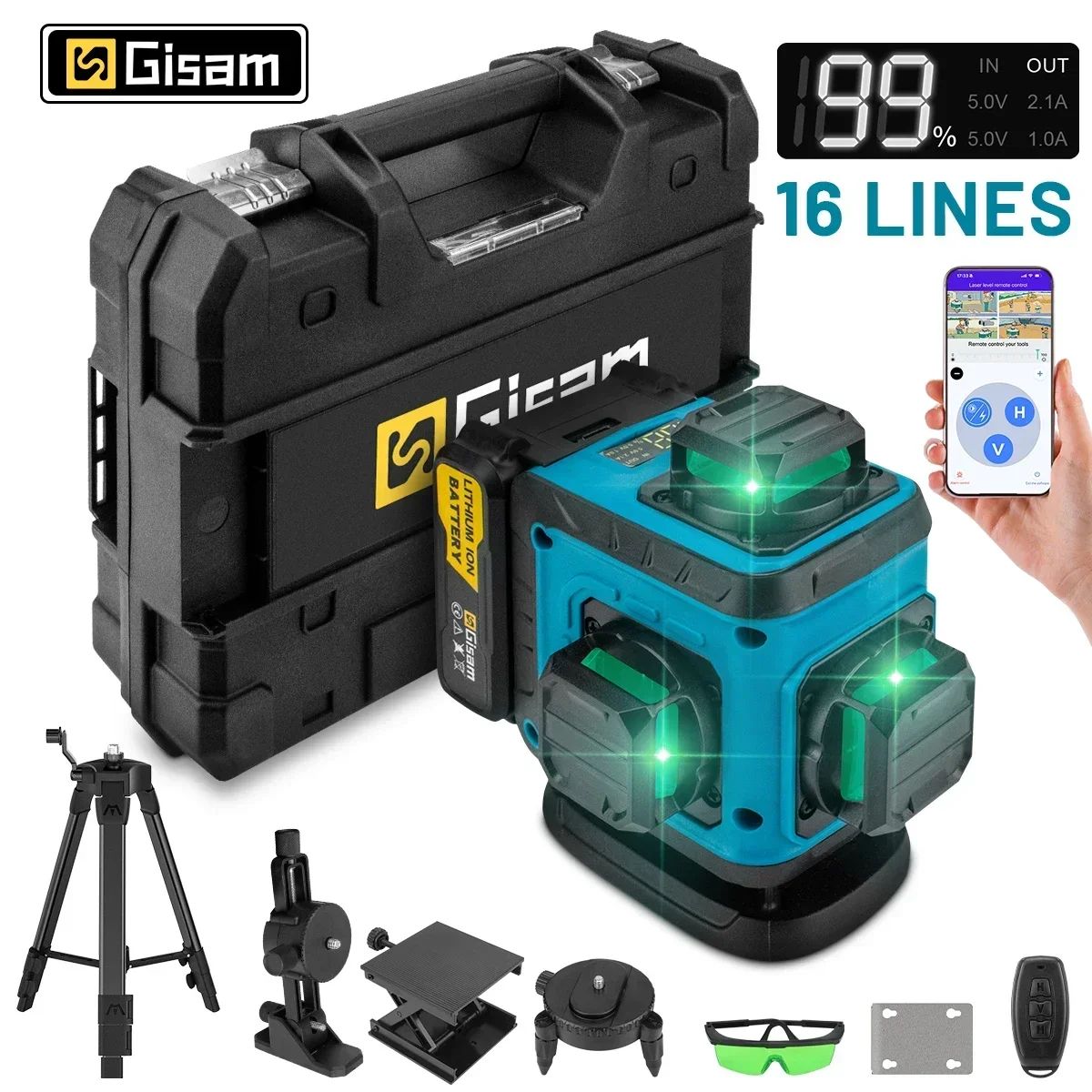 Gisam GΣ 4D 16 lijnen 360° Zelfnivellerende laserniveaus met statief en koffer