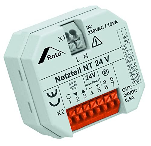 ROTO Originele voeding 24 V 0,5 A voor de bediening van 24 V-aandrijvingen vereist inbouw 58 mm wandinbouwaansluiting van regensensor of thermostaatschakelaar mogelijk, ZEL STG NT24 V wit