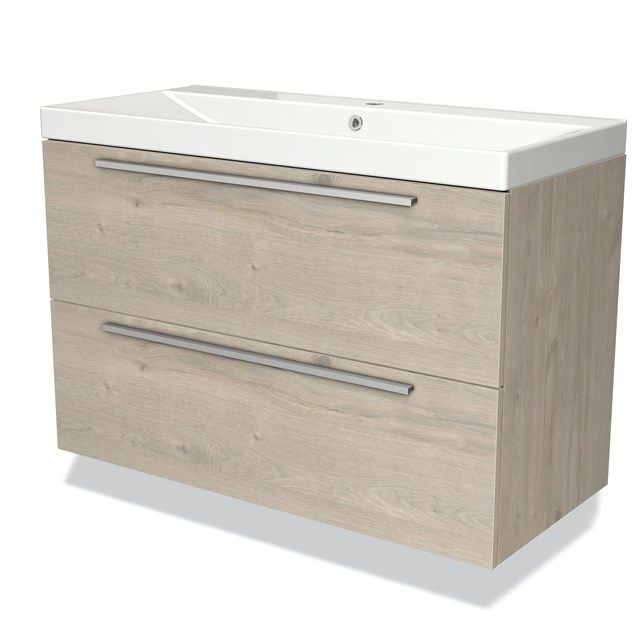 Maxaro Badkamermeubel 100cm Modulo Lichtgrijs Eiken 2 Lades Vlak Wastafel Keramiek
