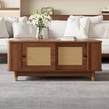 OKWISH Salontafel - Rotan Schuifdeuren En Opbergruimte - Voor Woonkamer - MDF Walnoot - 100 x 50 x 42 cm