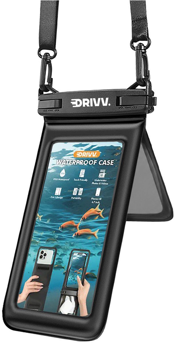 Drivv. Luxe Waterdicht Telefoonhoesje 2 in 1 – Drijvend - Dubbele Klipsluiting - Telefoons tot 7 inch – Onderwater Hoesje Telefoon - Zwart