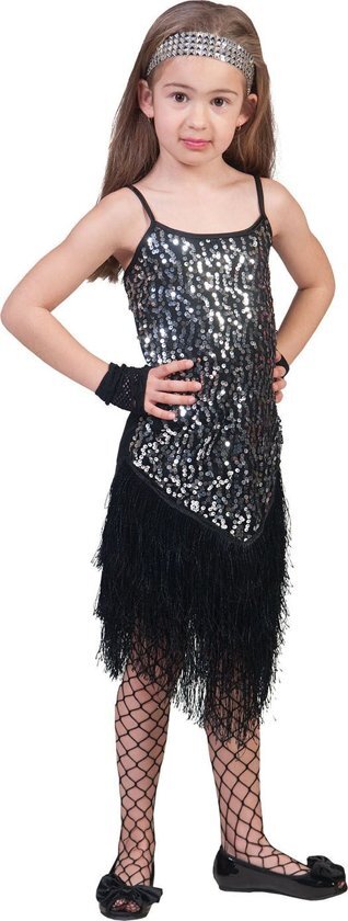 Funny Fashion Glitter & Glamour Kostuum Glitter Fancy Flapper Jurk Zilver Meisje Maat 140 Carnaval kostuum Verkleedkleding