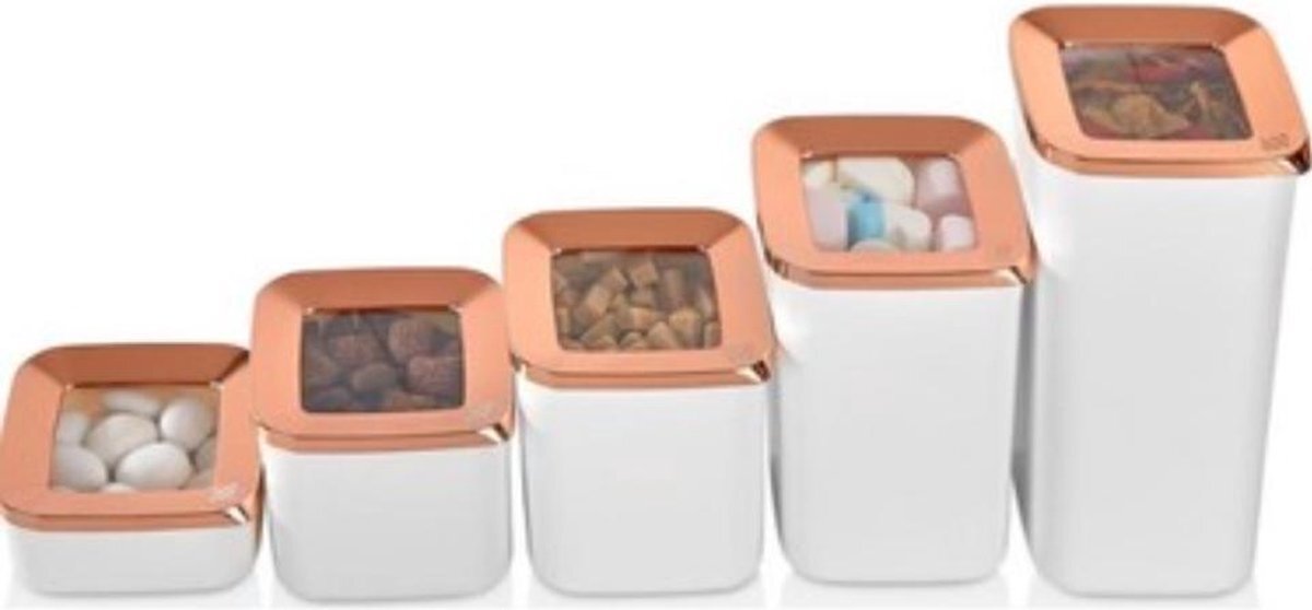 VP 5-Delig Set - Snack/Snoepdoos-Voorraadpotten-Vershouddozen/Vershoud Potten- Van Goed Kwaliteit-met Luchtdichte silicone deksels-Voorraadbus - Bewaarbakjes droog Voedsel-Overzichtelijk-Goed te organiseren- In Keuken- BPA vrij/ WIT-BRONZEN deksel