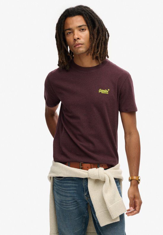 Superdry Essential Logo T-shirt Heren M Tawny Port Marl/Fluro Yellow