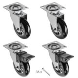GTV - Meubelwielen BRAZIL, zwenkwielen, 4 stuks set wielen voor meubels: 2x wielen met rem, 2x zonder rem, van staal en rubber, +16 PanHead-schroeven 5x15/16, diameter: 75 mm, kleur: zwart