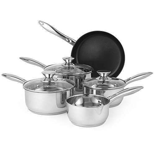 Russell Hobbs BW06572 Classic Collection 5 Piece Pan Set Including a Frying Pan, Saucepans & Glass Lids, Suitable on All Hob Types, Stainless Steel