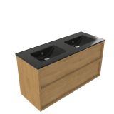 Saniclass Badkamermeubelset - 120x45x62cm - Vygo keramische wastafel zwart - 2 wasbakken - zonder kraangaten - 2 lades - mat eiken natural (hout) SW1578604/SW773933