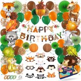 Fissaly 81 Stuks Bosdieren Feest Decoratie Versiering Set - Wood & Bos - Vos, Egel, Wasbeer & Eekhoorn - Ballonnen, Slingers & Accessoires