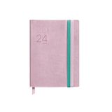 Miquelrius Jaarkalender 2024, dagoverzicht, formaat dagboek 122 x 168 mm, flexibele omslag van kunstleer genaaid, dubbele rubberen sluiting, Spaans, Engels en Portugees, roze