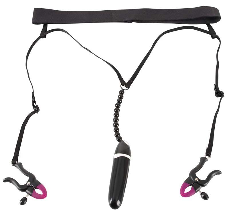 Bad Kitty Spreid String met Schaamlip Klemmen en Vibratie Bullet - Zwart