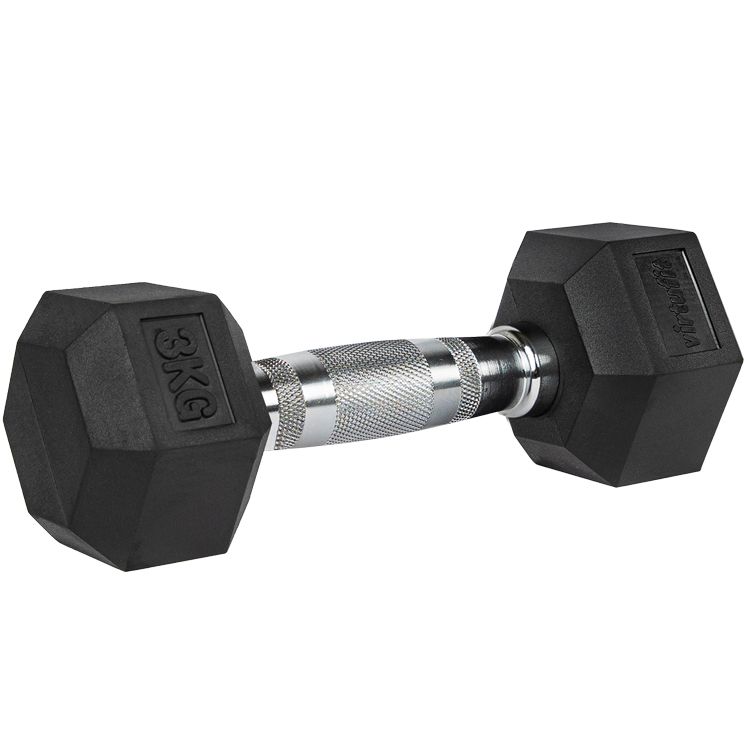 VirtuFit Hexa Dumbbell Pro - 3 kg - Rubber - Zwart/Chroom - Per Stuk
