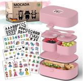 Merkloos Mocada Bento Box voor kinderen, inclusief 216-delige stickerset, BPA-vrij, lekvrije lunchbox met bestek en vakken, duurzame broodtrommel zonder schadelijke stoffen voor school en onderweg, roze