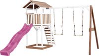 AXI Beach Tower Speeltoestel in Bruin/Wit - Speeltoren met Dubbele Schommel, Paarse Glijbaan en Zandbak - FSC hout - Speelhuis op palen voor de tuin