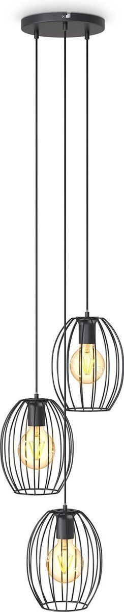 B.K.Licht - Metalen Hanglamp - zwart - voor binnen - industriële - met 3 lichtpunten - eetkamer - slaapkamer - pendellamp - l:112cm - E27 fitting - excl. lichtbronnen