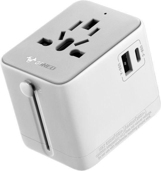 Goneo Reisstekker - Universele Wereldstekker met USB-A en USB-C - Lichtgrijs