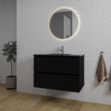 Saniclass Chaci Badkamermeubelset - 80x46x55cm - keramische wastafel zwart - 1 wasbak - 1 kraangat - 2 lades - ronde spiegel met verlichting - mat zwart