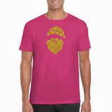 Bellatio Decorations Kerst T-shirt voor heren - Kerstman hoofd - roze - glitter goud - Kerstkleding M