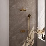 Brauer Gold Edition Thermostatische Regendoucheset Inbouw - Hoofddouche 30 cm - Gebogen Wandarm - Met Drukknoppen - Handdouche 3 Standen - Doucheslang - Geintegreerde Glijstang - Geborsteld Goud