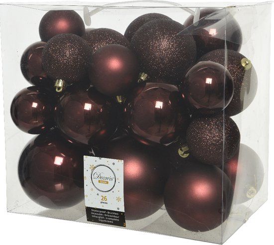 Decoris Kerstballen - 26 stuks - mahonie bruin - 8cm - Kunststof
