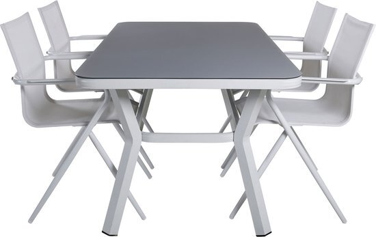 Hioshop Virya tuinmeubelset tafel 90x160cm en 4 stoel alu Alina wit, grijs.