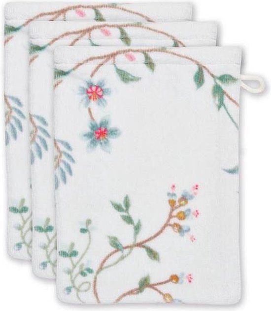 Pip Studio Les Fleurs Washandjes - Set van 3 - Wit - Katoen - 16x22 cm