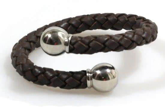 Heaven Eleven - heren armband - Bruin gevlochten Leer 8mm - Edelstaal RVS bal - FITS ALL MB133