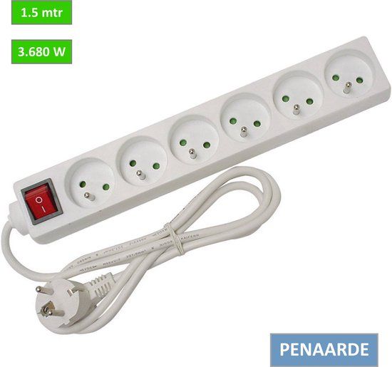 PROmax Stekkerdoos met schakelaar - verlengsnoer - 1.5m - 6 stopcontacten - Penaarde - Wit