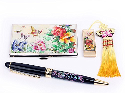 Antique Alive Flash Drive Moeder van Parel Samsung 8 GB Swivel Thumb Flash Drive Memory Stick USB 2.0 Flower Butterfly Tassel RFID Blocking Protection Metalen Business Credit Naam Kaarthouder Case Intrekbare Medium Point Duitse Zwarte Inktbalpen Gift Set