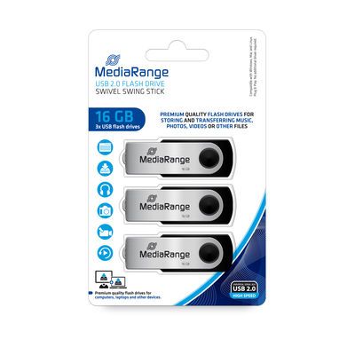 MediaRange MR910-3 USB-stick - 16 GB - Zwart/Zilver - 3 stuks