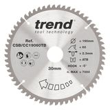 Trend Accu-verstekzaagblad Wood, diameter 190 mm, boring 30 mm, 60 tanden, zaaglijn 2,3 mm, haak -5°, TCT, extra fijne afwerking, CSB/CC19060TB