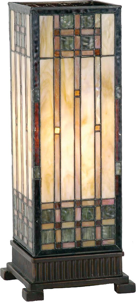 HAES deco - Tiffany Tafellamp 18x18x45 cm Beige Bruin Glas Rechthoek Tiffany Bureaulamp Tiffany Lampen Glas in Lood