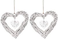 Unyqoos® Set van 2 houten hartjes van riet, 20 x 20 cm, handgeweven, witte wilgenhartjes, kunststof ophangklemmen (75 cm), decoratie voor raam en wand