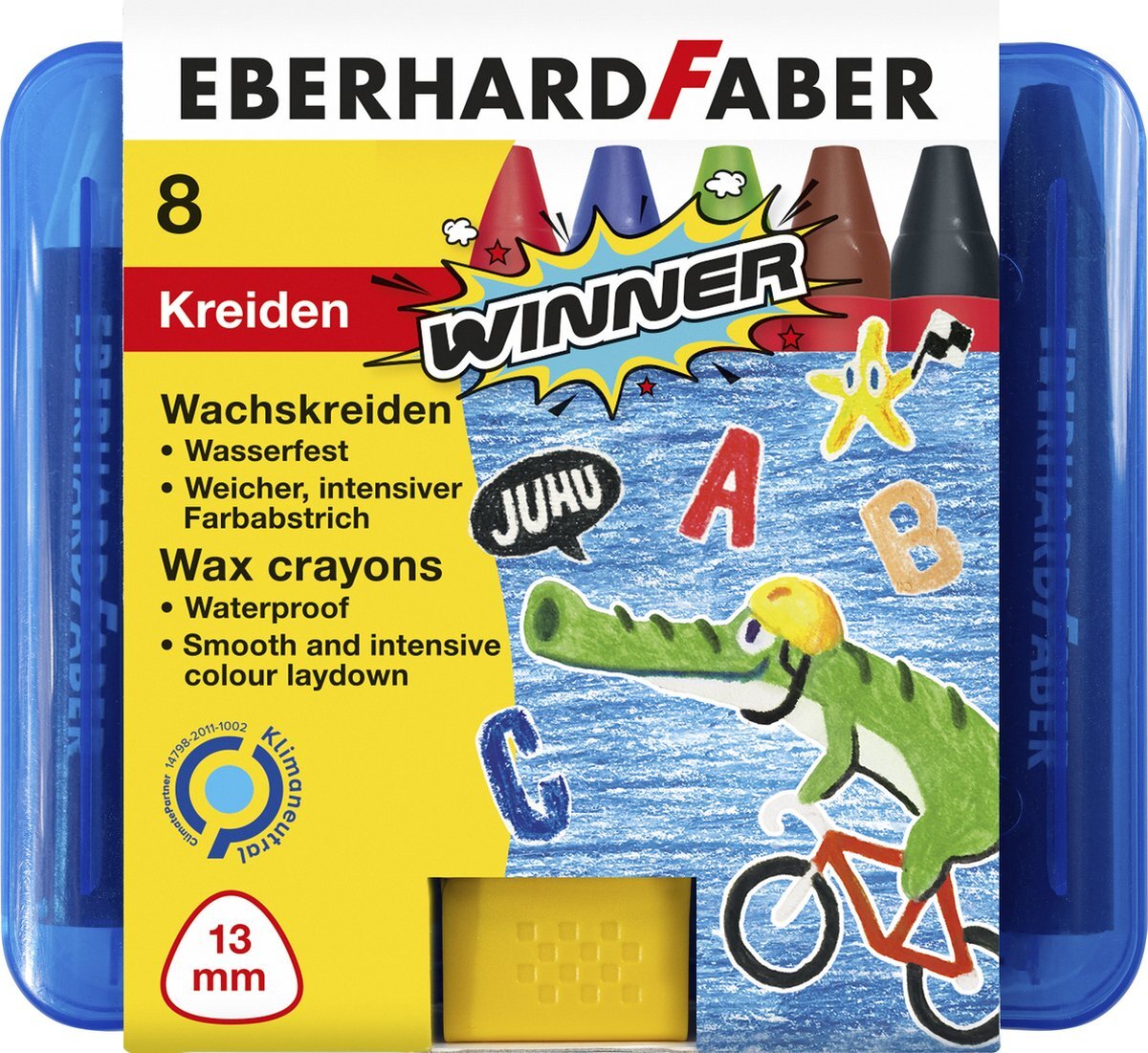 Eberhard Faber 524006 Winner waskrijt in 8 kleuren, drievlakke, waterdichte wasschilder met zachte, intensieve kleurafstrijking, in kunststof etui, krijtstiften voor creatief schilderplezier