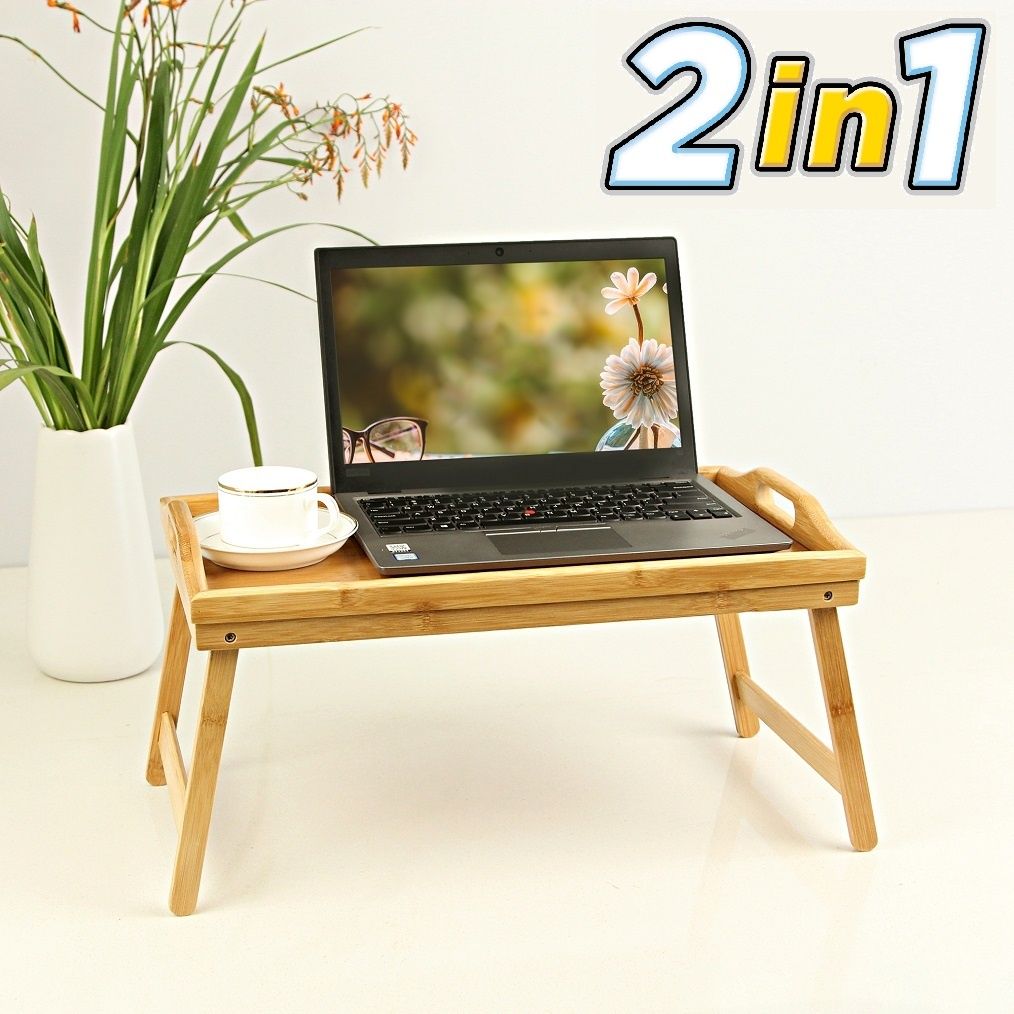 Navaris Bamboe Bed Dienblad Tafel - Dienblad voor in Bed met Opklapbare Poten voor Ontbijt - 55,5 cm x 26,7 cm x 35,3 cm met Handgrepen - Wit