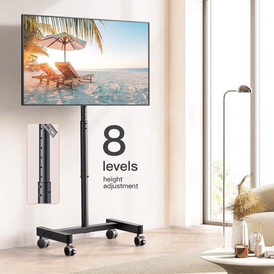 TV-standaard, oprolbaar, tv-rolwagen voor 13-50 inch televisie met 30° kanteling, universele tv-standaard voor LED/LCD/OLED-tv, in hoogte verstelbare tv-standaard houdt 44lbs max. VESA