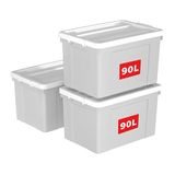 Cetomo 90L x 3 opbergdozen, plastic opbergdoos met deksels, organiserende container met veilige sluitgespen, stapelbaar, nestbaar, draagtas voor thuiskantoorkleding, 90L-3Pack, grijs