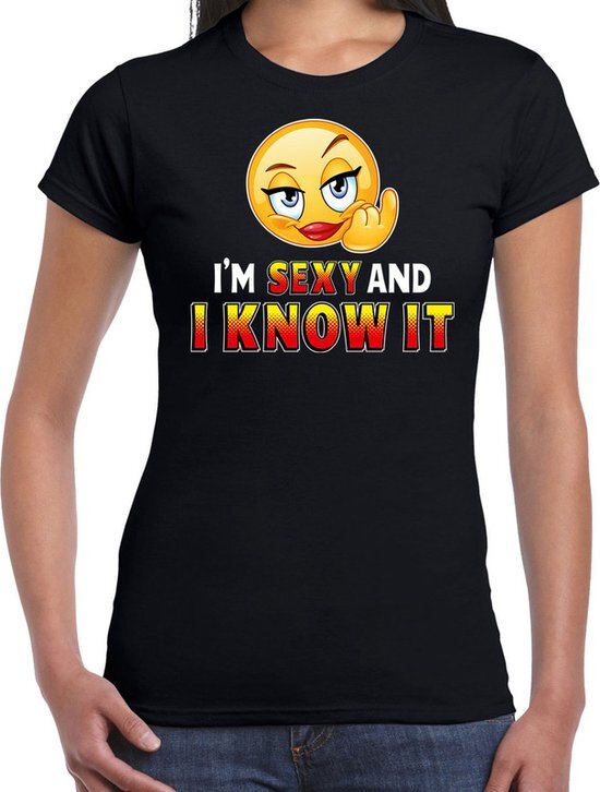 Bellatio Decorations Funny emoticon t-shirt Sexy and i know it zwart dames XL