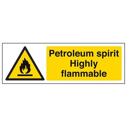 V Safety VSafety Signs 69023AX-S "Petroleum Spirit. Zeer brandbaar" Waarschuwing Vuur en ontvlambaar teken, zelfklevend, landschap, 300 mm x 100 mm, zwart/geel