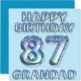 87e verjaardagskaart voor opa - blauwe glitter feestballonnen - gelukkige verjaardagskaarten voor 87-jarige opa van kleinzoon kleindochter, 145 mm x 145 mm verjaardagskaarten cadeau