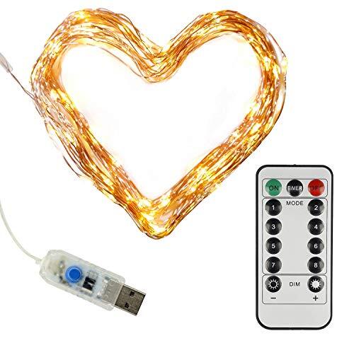 Clauss LED mini lichtketting met USB-poort en afstandsbediening, versch. functies, 100 LED's in warm wit, 10 m, koperdraad, binnenbereik, 5 Volt, Clauss10002