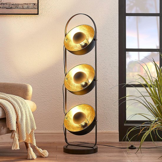 Lindby Moderne vloerlamp zwart met goud 3-lichts - Muriel