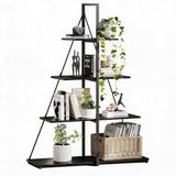 GarveeTech Boekenkast, ladder, 4 niveaus, hoekrek, ruimtebesparend, metalen structuur, opslag en display voor boeken, planten, decoratie voor huis/kantoor, zwart ijzer + vintage houten plank