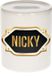 Bellatio Decorations Shoppartners Bv Spaarpot met voornaam Nicky - wit - met goud/zwart embleem - 8 x 9 cm - keramiek - met afsluitdop - cadeau verjaardag