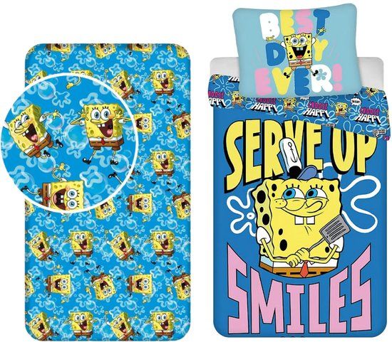 4KidsOnly Spongebob dekbedovertrek + hoeslaken, Katoen, Eenpersoons, 140x200 cm