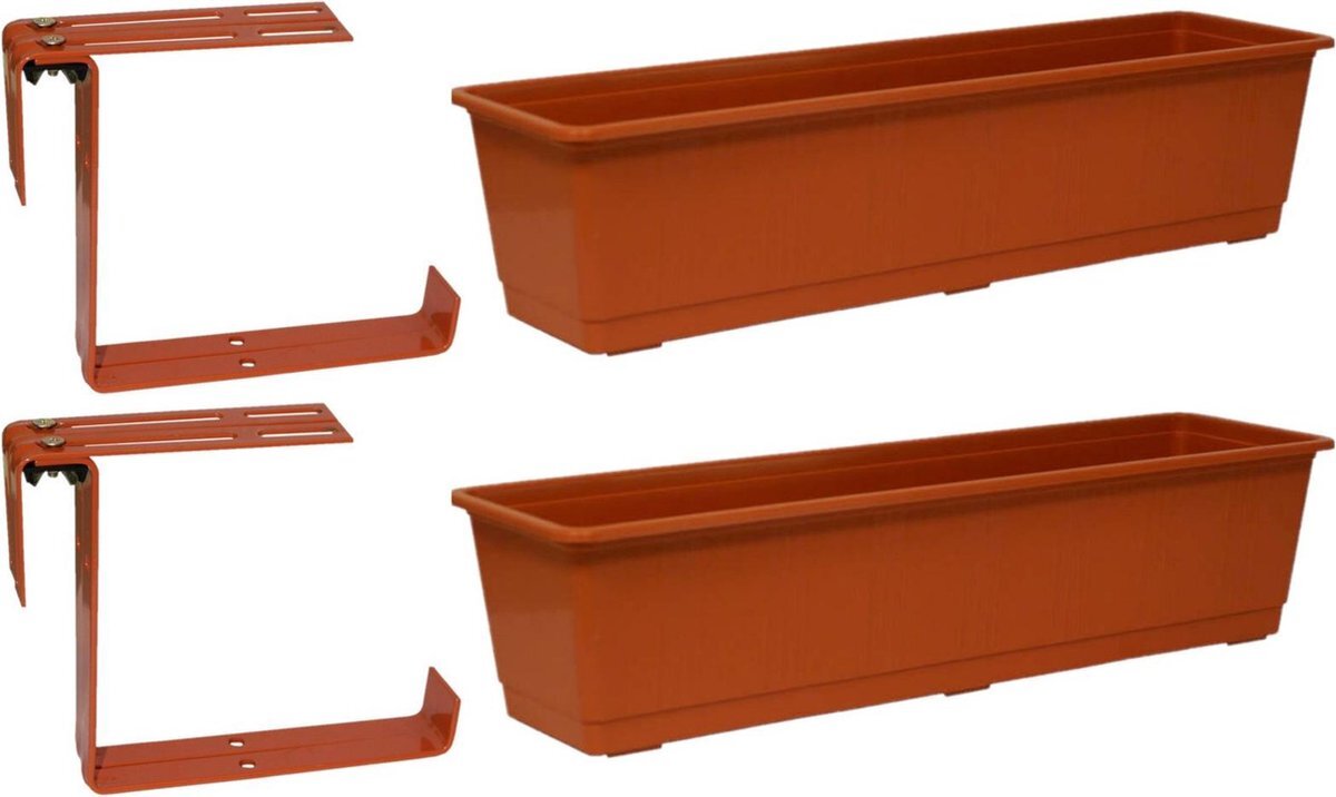 Geli Set van 4 kunststof plantenbakken terracotta rechthoekig 60 cm met 8 verstelbare railing beugels