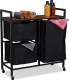 Merkloos Relaxdays wasmand 3 vakken, uitschuifbare manden, wasbox op wielen, wassorteerder, industrieel design, zwart/bruin