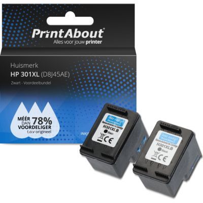 PrintAbout Huismerk HP 301XL (D8J45AE) Zwart Inktcartridge 2-pack | Compatibel