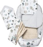 Medi Partners 5-delige Babynest Set 100x60x15 Uitneembaar inzetstuk Bed Knuffel Nestje Baby deken Pasgeboren 100% katoen (Mint Zoo met beige Minky)